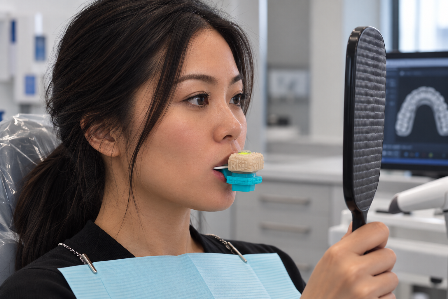 Patient with Kois Scan Body in natural head position, looking into a mirror